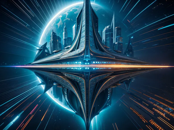 Generate a dynamic digital art piece depicting a breathtaking science fiction scene featuring intricate fractal patterns. A massive starship made of sleek metal and glass hovers above a futuristic cityscape, its hull pulsating with energy as it prepares to...