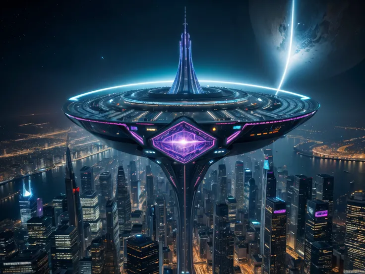 Generate a dynamic digital art piece depicting a breathtaking science fiction scene featuring intricate fractal patterns. A massive starship made of sleek metal and glass hovers above a futuristic cityscape, its hull pulsating with energy as it prepares to...