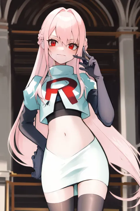 Masterpiece, Detailed, High quality, (absurdist), High Sharpness, High resolution, maiddoll, 1girls, Solo, light pink hair,team rocket,team rocket uniform, red letter R, white skirt,white crop top,black thigh-highs, black elbow gloves,