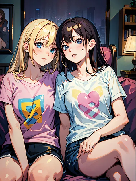 masutepiece, super quality, super detailed, perfect drawing, brunette girl and blonde girl, illustration, high resolution, two beautiful girls sitting on the sofa and looking at each other, pink t-shirts, backlight, living room, beautiful background , prec...