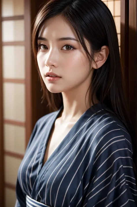 Highly detailed CG Unity 8k wallpaper, highest quality, masterpiece, (Realistic, photorealistic:1.4), ultra high res, (A beautiful Japanese Mature Woman in a Yukata with Monotone vertical stripes, solo), Inside a room in an old-fashioned Japanese onsen ryo...