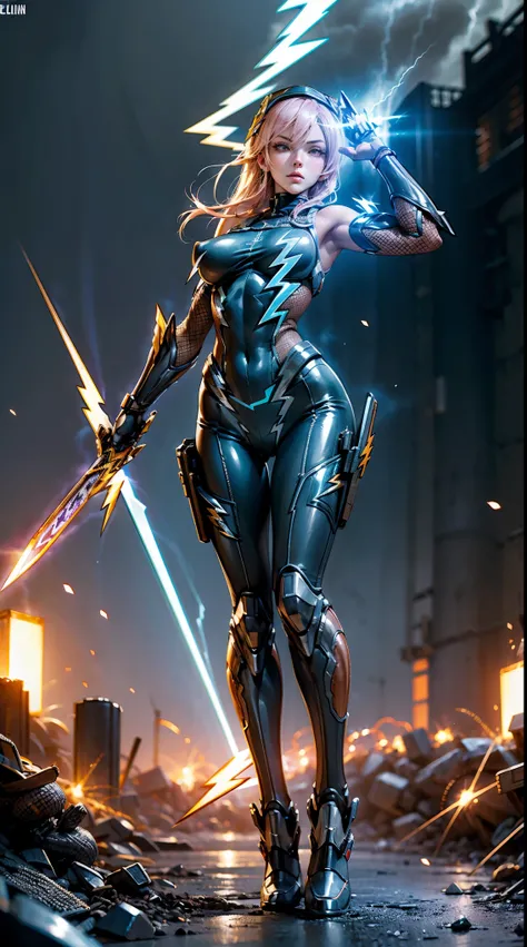 1girl,(table top,very detailed, heavy mechanism, hard surface),(concept art:1.0),(Taimanin Asagi style:1.3), A woman wearing a high-leg bodysuit,Shooting lightning from the palm of your hand,(Equipped with a shuriken holster:1.4),(Purple body:1.1),(long le...