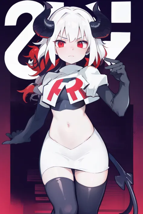 masterpiece, best quality, red eyes, white hair, twintails,ahoge,black hair ribbons,demon horns, demon tail,team rocket,team roc...