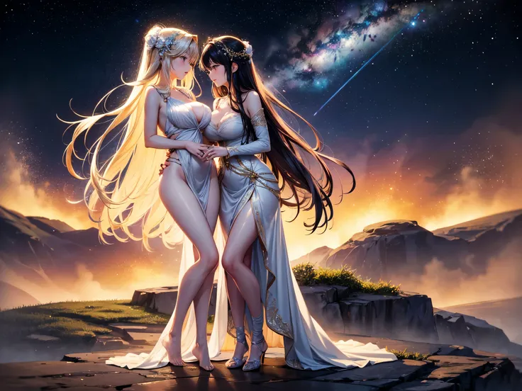 Design a sensual and intimate portrait of two lovers embracing passionately under starlight. Their bodies entwine softly, expressing genuine affection and connection. Delicate tendrils of golden light emanate from their touch points, symbolizing the warmth...