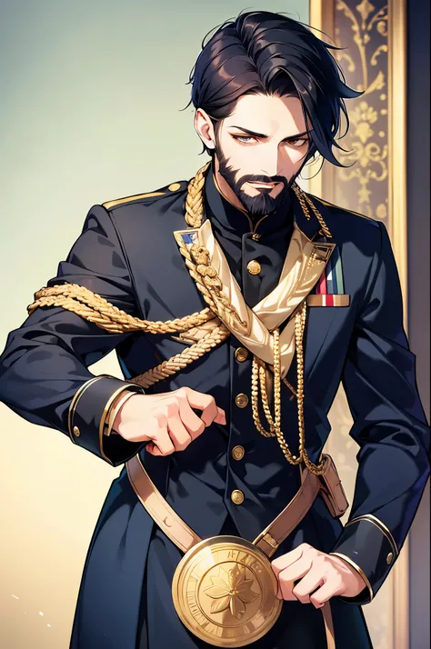 1 man, beard, short ebony hair, gold eyes, navy military uniform, standing on ground, high res, ultra sharp, 8K, masterpiece