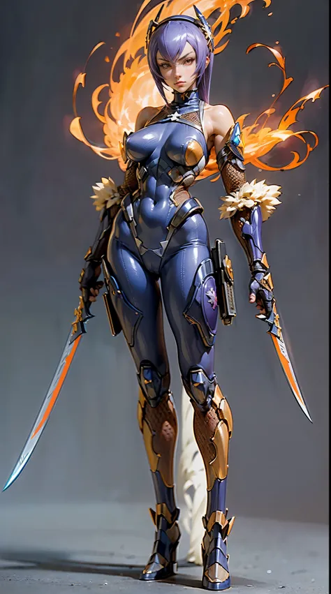 1girl,(table top,very detailed, heavy mechanism, hard surface),(concept art:1.0),(Taimanin Asagi style:1.3), A woman wearing a high-leg bodysuit,Emitting flames from the palms,(Equipped with a shuriken holster:1.4),(Purple body:1.1),(long legs:1.1),(big br...