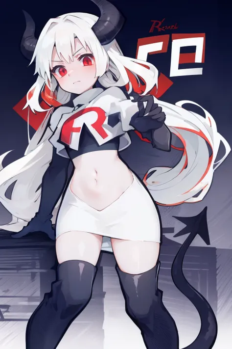 masterpiece, best quality, red eyes, white hair, twintails,ahoge,black hair ribbons,demon horns, demon tail,team rocket,team rocket uniform,white skirt,red letter R,crop top,black thigh-highs,black elbow gloves, comic strip