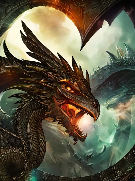 ((masterpiece、highest quality、Super detailed、High resolution、realistic、sharp focus、cinematic lighting))、((there are no humans))、Tarot card illustration、fractal、victorian style frames、black dragon in the cave、Encrusted with seven colored crystals