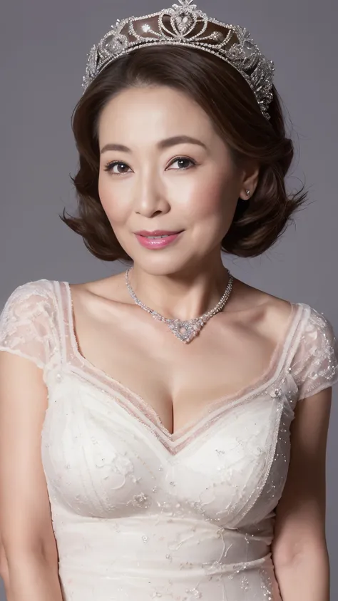 (((Sharpen))), Remove the background, gravure, facing the front, wearing a tiara, flashy makeup, from the chest up, masterpiece, highest quality, super detailed, realistic, super dense skin, perfect anatomy, (1 Japanese mature woman), (alone), 95 years old...