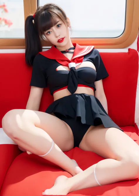 Raw photo、At 32K、8K、sexy woman in red sailor bikini、Full body Esbian、choker、black hair twintails