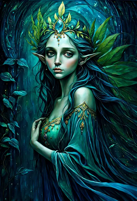 beautiful elf of portraits illustration, in alluringly melancholic depiction, beautifully dark fantasy world, comes to life thro...