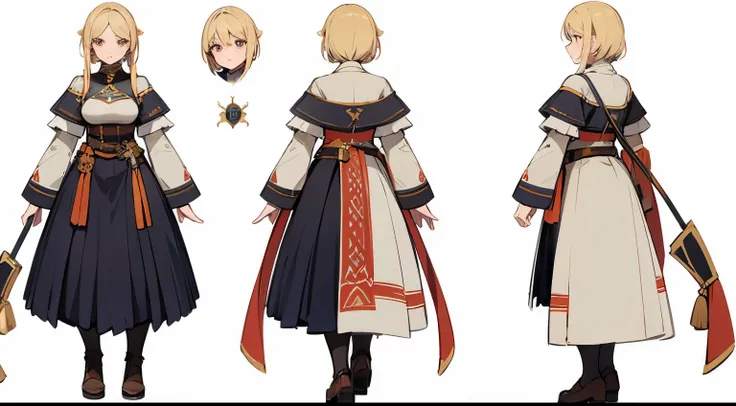 Diferent angles, character sheet of a very stylish young woman whit blonde hair, wearing a medieval clothes, digital ilustration, white background, clear detailesd, fine details, sharp focus