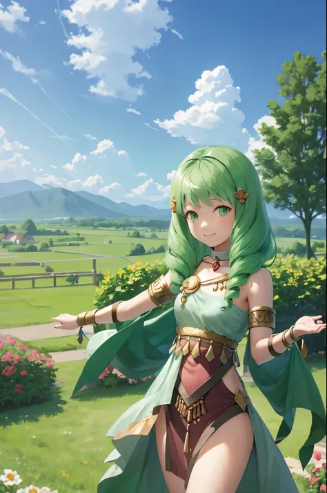 masterpiece, best quality, flayn, petite, hair ornaments, green hair, small breasts, pink danceroutfit, looking at viewer, smile...