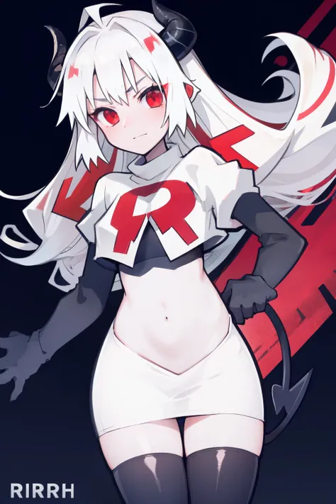 masterpiece, best quality, red eyes, white hair, twintails,ahoge,black hair ribbons,demon horns, demon tail,team rocket,team roc...