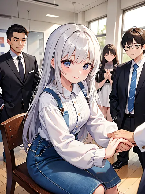 1,This is a one-on-one handshake event.
2,The woman turns to the man and shakes his hand..
3,woman is sitting on a chair.
4,They are shaking hands across the desk..
5,Her face is turned upwards and she is talking to the other person.. (Man stands.)
6,woman...