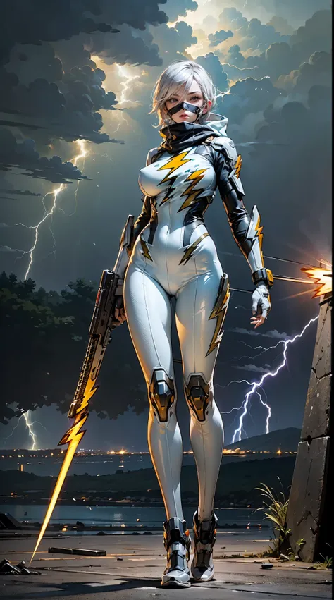 1girl,(table top,very detailed, heavy mechanism, hard surface),(concept art:1.0),(Taimanin Asagi style:1.3), A woman wearing a high-leg bodysuit,Shooting lightning from the palm of your hand,(Equipped with tactical open face mask:1.4),(white body:1.1),(lon...