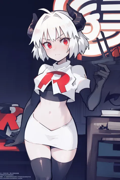 masterpiece, best quality, red eyes, white hair, twintails,ahoge,black hair ribbons,demon horns, demon tail,team rocket,team rocket uniform,white skirt,red letter R,crop top,black thigh-highs,black elbow gloves, comic strip