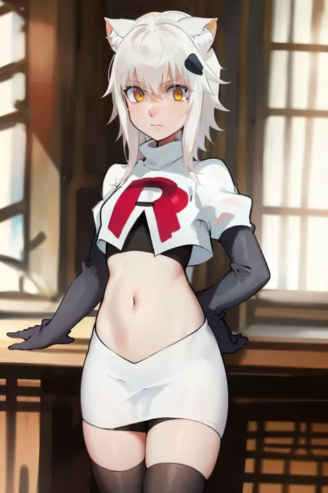 best quality, (masterpiece:1.2), highly detailed, cat ears, 1girl, solo, tojou koneko, looking at the viewer, yellow eyes, white hair, short hair, hair ornament, team rocket,team rocket uniform,white skirt,red letter R,crop top,black thigh-highs,black elbo...