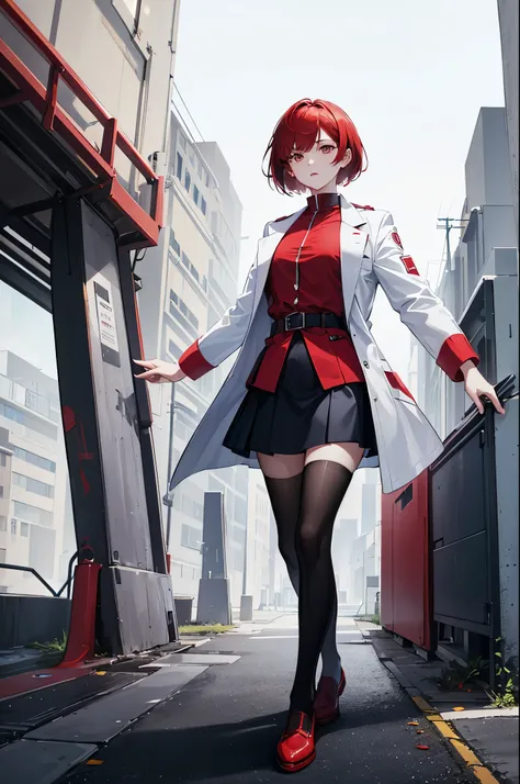 1woman, short red hair, golden eyes, white lab coat, blue shirt, black skirt, red tights, standing on ground, high res, ultra sharp, 8K, masterpiece