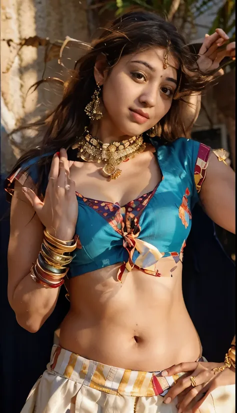 a shy girl, in a traditional indian blouse tie top