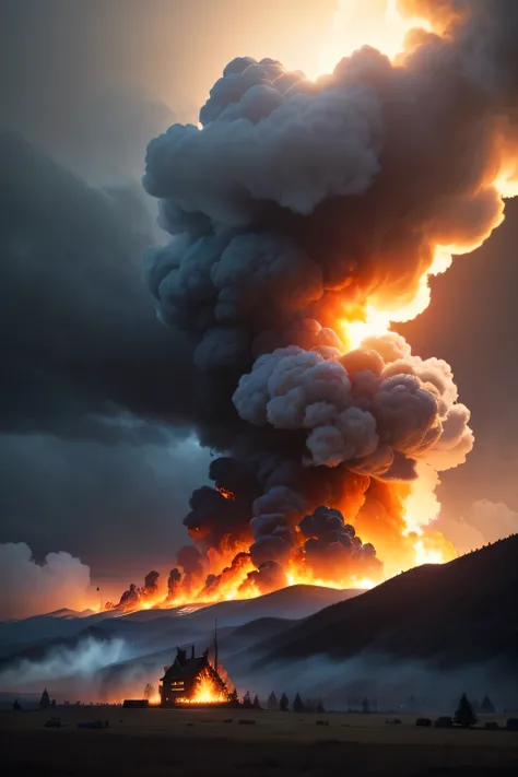 (melhor qualidade,4k,8k,high resolution,obra de arte:1.2),ultra-detalhado,(realista,photorealista,photo-realista:1.37),queimando pequena cabana em um lindo dia ensolarado, with the sky mixing with the smoke from the intense fire that engulfed the cabin, Nu...