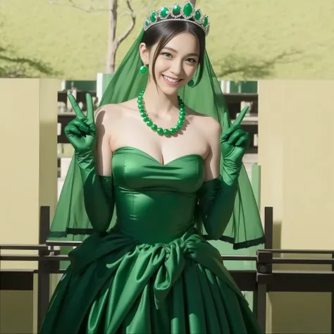 emerald tiara, green pearl necklace, boyish very short green hair, lipstick, smiling Japanese woman, very short hair, big breasts beautiful, green eyes, Long green satin gloves, green eyes, V sign, emerald earrings, green veil
