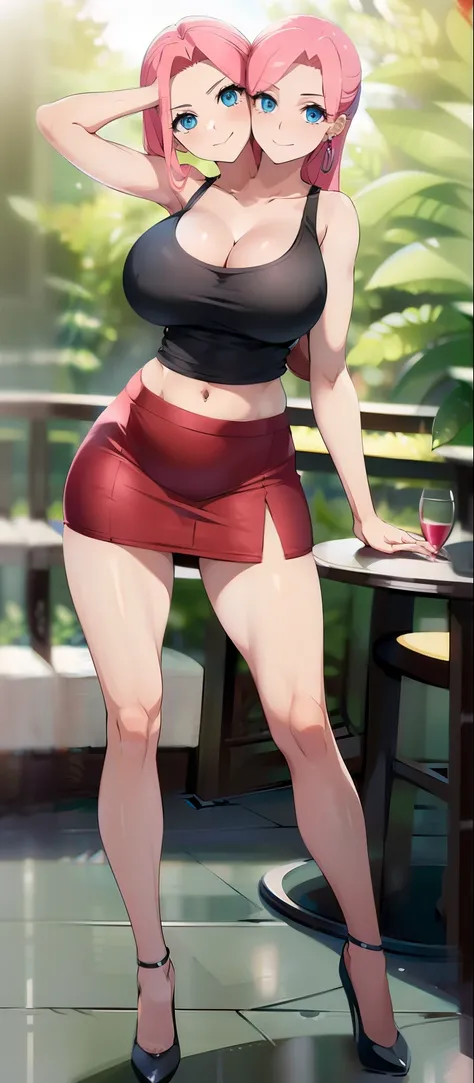 best quality, (masterpiece),(ultra-detailed), (high quality), (high resolution), (2heads:1.5) pink hair, (larger breasts), (blue eyes ), cleavage, full body,best quality:1.5, highres, UHD, 4K), smiling, ((black tank top)), ((wearing red skirt)), ((full bod...