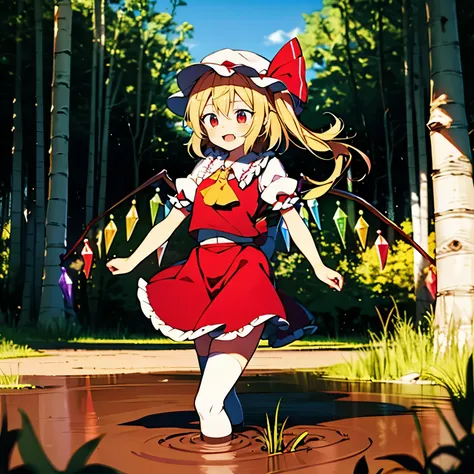 1girl,solo,touhou,(flandre scarlet:1.1), white soft hat, red hat bow, blonde hair, side ponytail, red eyes, shiny eyes, fang, re...