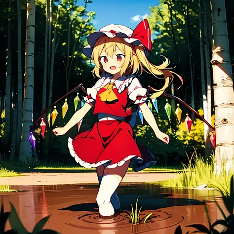 1 girl,alone,east,(flandre scarlet:1.1), white soft hat, red hat bow, blonde hair, side ponytail, red eyes, shining eyes, tooth,...