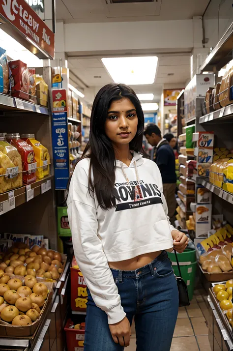 beautiful indian woman , black hair, real, in a crowded marketplace in india wearing a hoodie and jeans