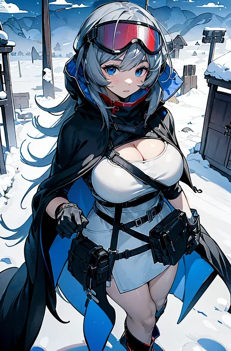 mulberry_(arknightlue_eyes, grey_hair, long_hair, bangs, feathered_hair, cloak, hooded_cloak, print_cloak, black_cloak, goggles, goggles_on_head, white_dress, short_dress, cleavage, pouch, belt_pouch, belt, jewlery, beads, bracelet, chinese_knot, id_card, ...