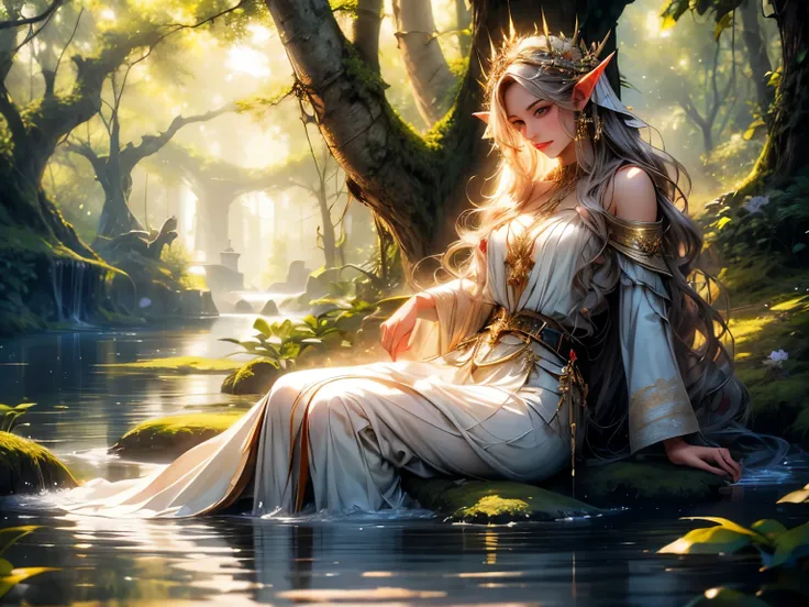 (best quality,4k,8k,highres,masterpiece:1.2),ultra-detailed,(realistic,photorealistic,photo-realistic:1.37),portrait,elf sitting by the lake,fairy-like creature,majestic,serene expression,long,flowing hair,pointed ears,sharp facial features,piercing eyes,e...