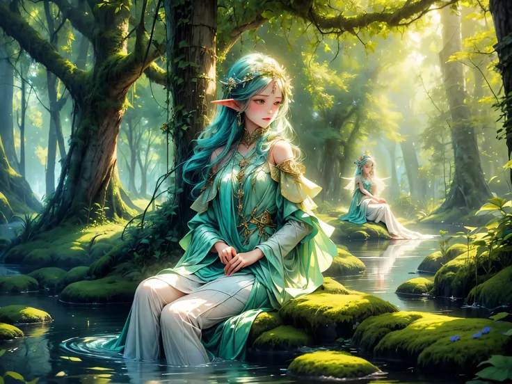 elf portraits,12yo,elf girls sitting by the lake,drink water,(best quality,4k,8k,highres,masterpiece:1.2),ultra-detailed,(realistic,photorealistic,photo-realistic:1.37),oil painting,fantasy,green foliage,sunlight filtering through trees,dappled light on th...