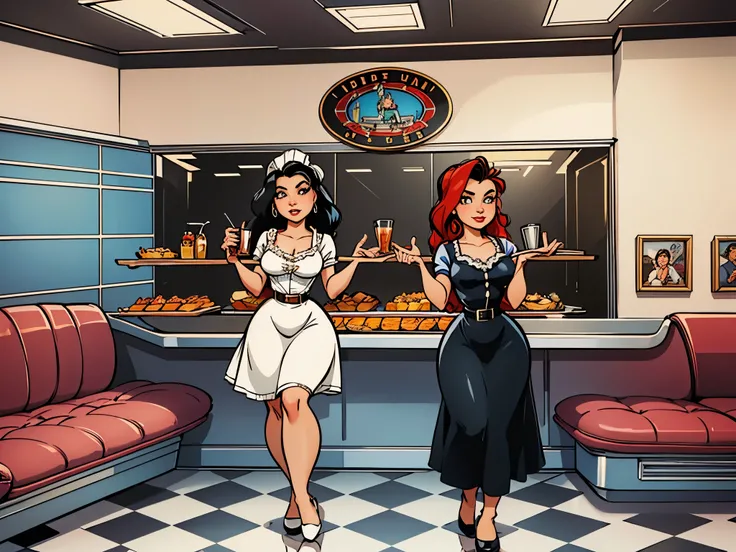 Vintage 1950s diner: gleaming chrome, red vinyl booths, black-and-white floors. Awaiting patrons behind the counter are rows of soda fountains. In the midst of it all, a charming waitress, enormous tits, beautiful face, long hair, serves delicious meals wh...
