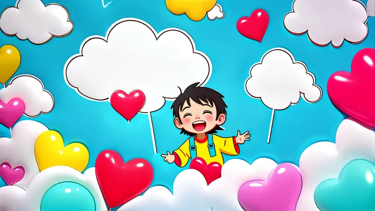 （happy new year poster design），（Cute laughing boy and girl），many hearts and clouds， ,，colorful