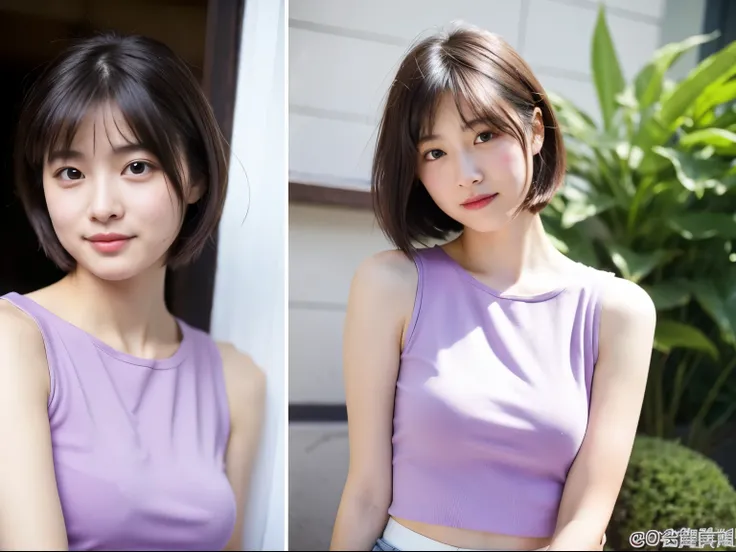 25 years old girl with short hair, adorable, light purple top.