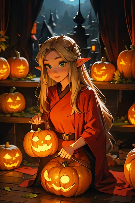 beautiful elf holding a pumpkin lantern