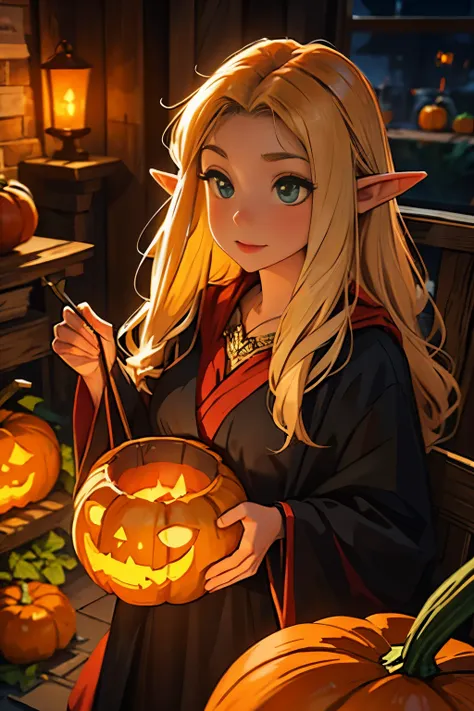 beautiful elf holding a pumpkin lantern