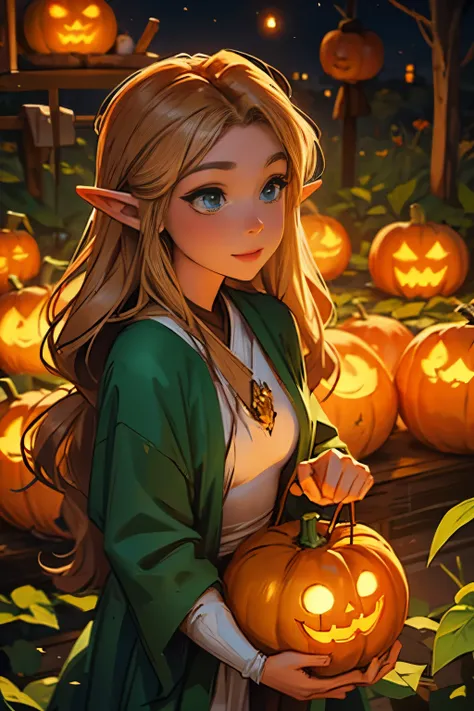 Beautiful elf holding a pumpkin lantern