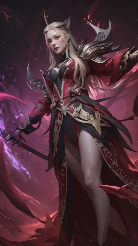 a woman in a red and black outfit holding a sword, onmyoji detailed art, extremely detailed artgerm, astri lohne, artgerm detailed, dark fox mage, wlop and sakimichan, ig model | artgerm, splash art, portrait of ahri, fuchsia skin below the armor, ahri