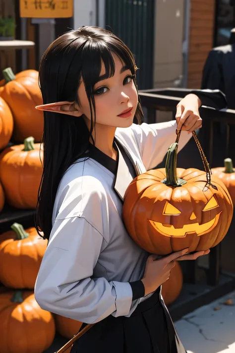Beautiful elf holding a pumpkin lantern