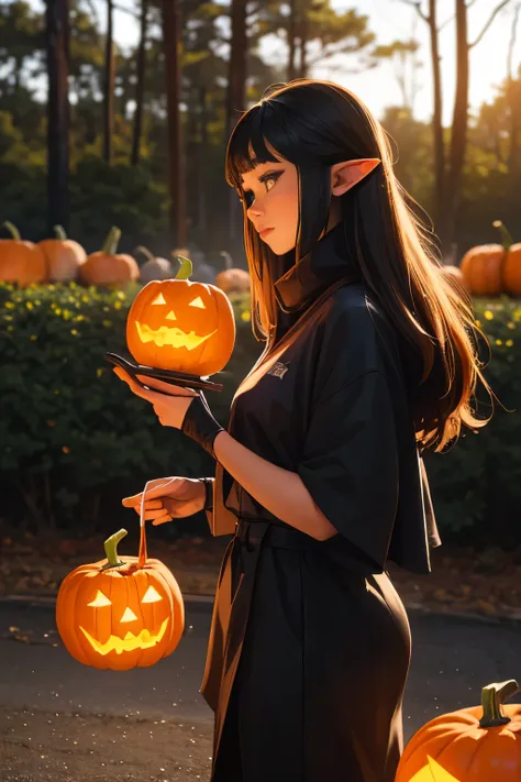 beautiful elf holding a pumpkin lantern