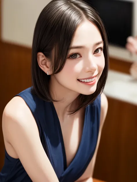 (table top, highest quality、High resolution:1.4、very attractive beauty、Adds intense highlights to the eyes、look closely at the camera:1.4、Beautiful woman full of charm、ideal body proportions、perfect anatomy、brunette short bob hair、shiny hair、bangs:1.4、光沢のあ...