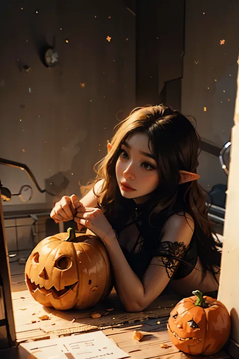 beautiful elf holding a pumpkin lantern