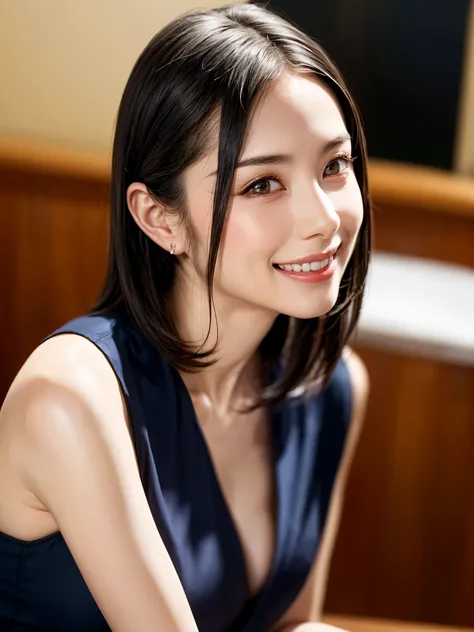 (table top, highest quality、High resolution:1.4、very attractive beauty、Adds intense highlights to the eyes、look closely at the camera:1.4、Beautiful woman full of charm、ideal body proportions、perfect anatomy、brunette short bob hair、shiny hair、bangs:1.4、光沢のあ...