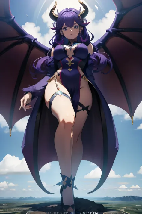 giant girl 10,000 feet high, With a pair of huge devil wings and swaying dragon tail，permanent，Have waist-length hair, High heel，purple hair，curls，Refined facial description。