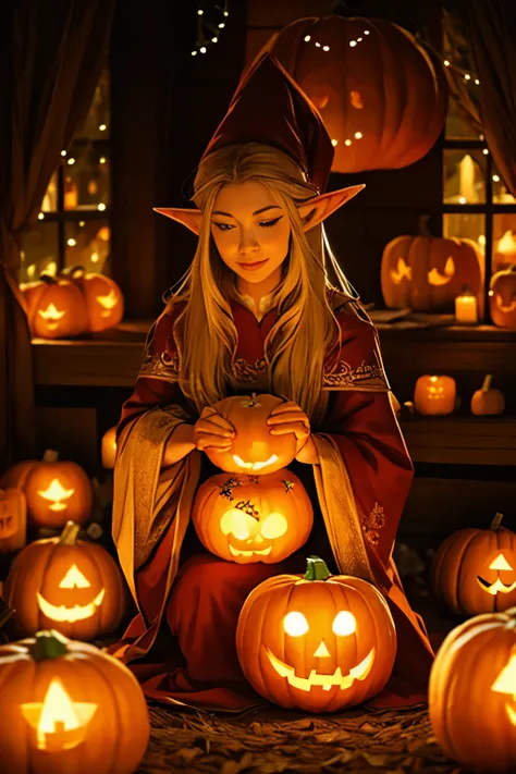 beautiful elf holding a pumpkin lantern