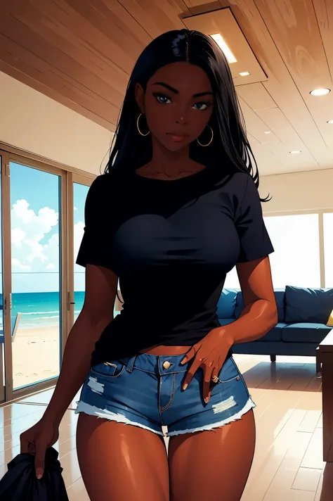 Dark skin young woman in a blue shirt, long black hair, luxury beach themed home interior and jean shorts