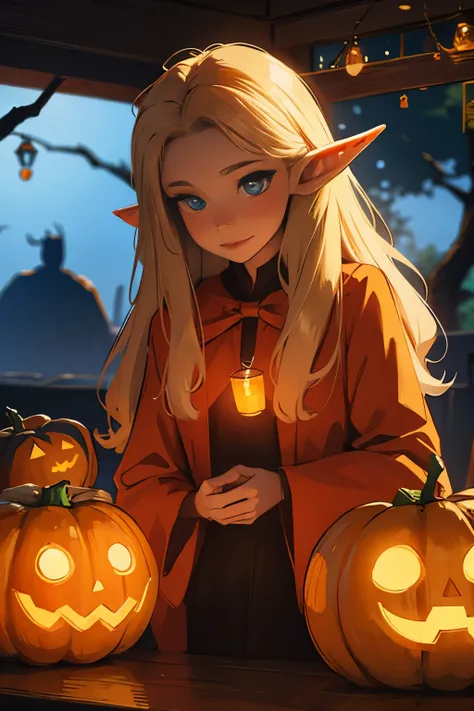 Beautiful elf holding a pumpkin lantern