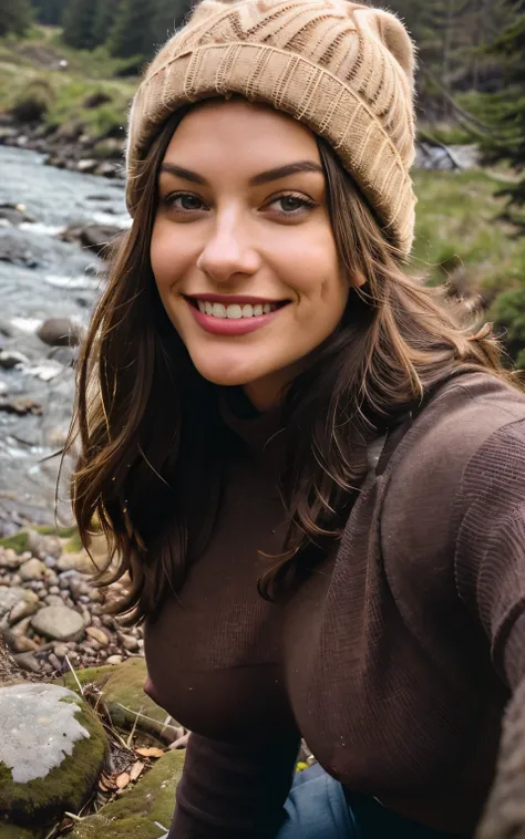 1 woman ((selfie, happy,naughty smile)), masterpiece, best quality, ultra-detailed, solo, outdoors, (day), mountains, nature, cheerful, happy, backpack, sleeping bag, camping stove, water bottle, mountain boots, gloves, sweater, hat, flashlight, forest, ro...